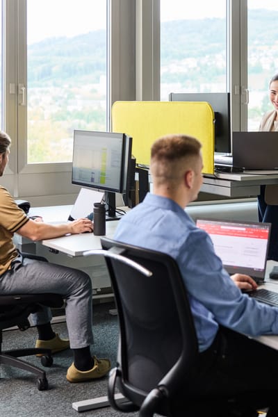 Mitarbeitende im Gespräch und am Arbeiten im Büro vor Bildschirmen