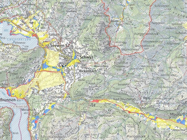 Die Gefahrenkarte zeigt neuralgische Stellen in Schwyz.