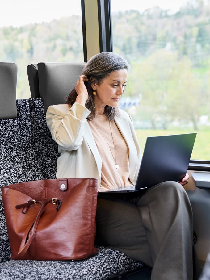 Frau in der S Bahn arbeitet am Computer