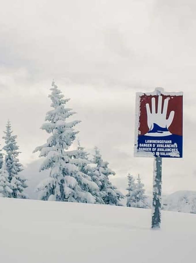 Abeti innevati con un cartello per aumentare il pericolo di valanghe.