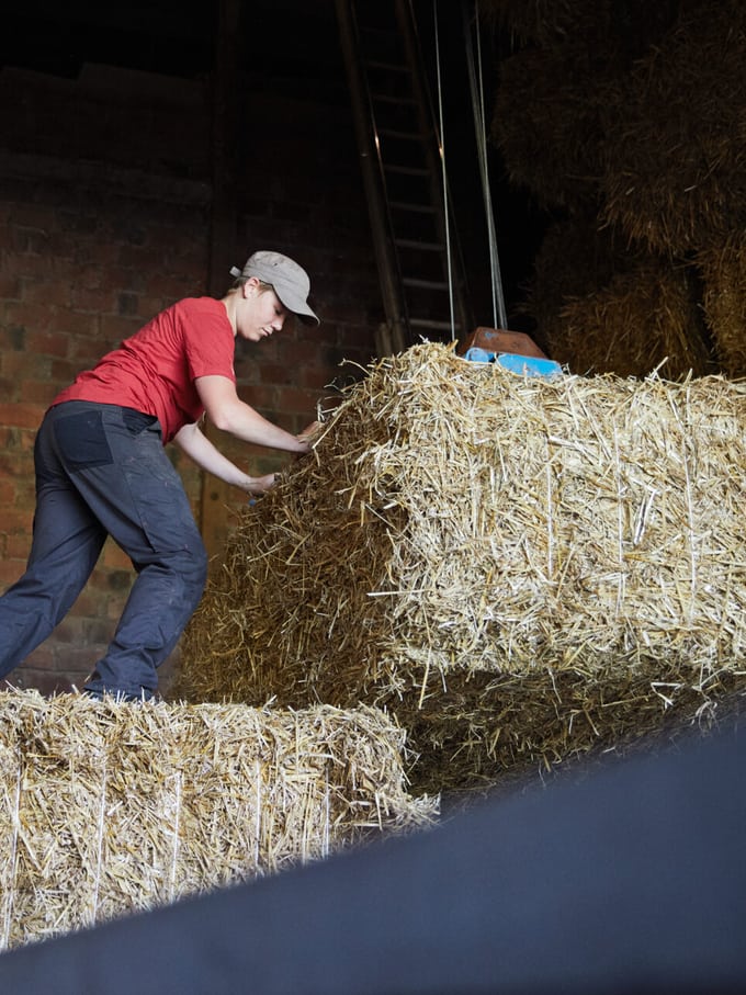 Une paysanne empile des boules de paille.