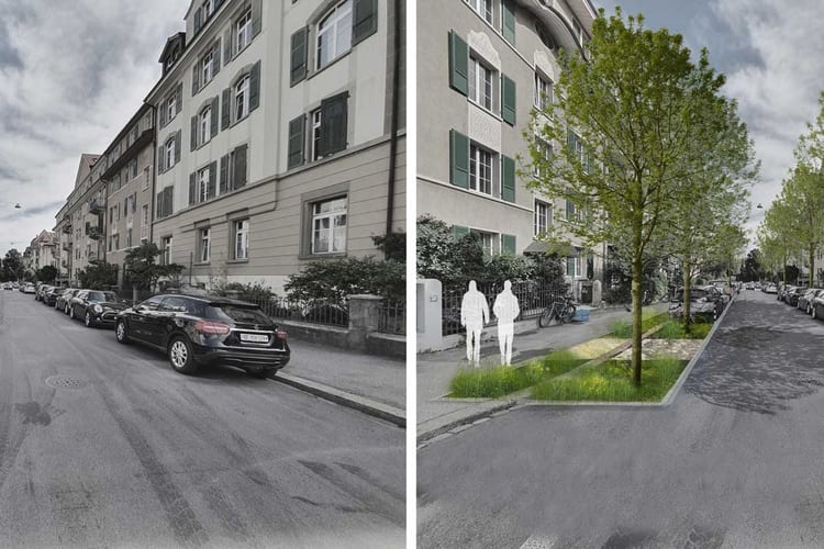 Optingenstrasse oggi (s.) e dalla primavera 2026: visualizzazione degli elementi pianificati per la città spugnosa (s.).