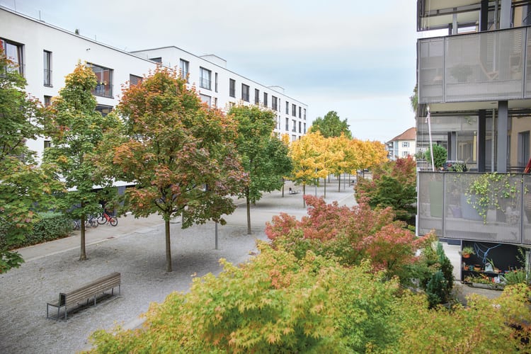 Innenhof mit Bäumen in einer urbanen Überbauung.