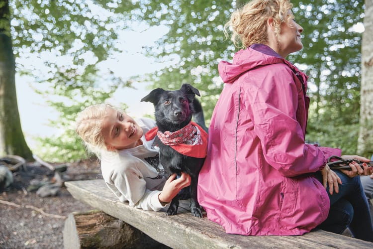 Zwei Frauen und ein Hund sitzen auf einem Holzbank in einem Wald.