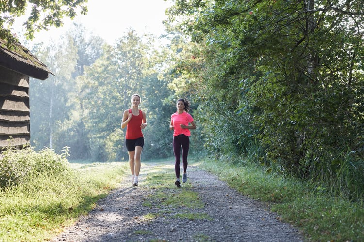 Zwei junge Frauen joggen bei Sonnenschein einem Waldrand entlang. 