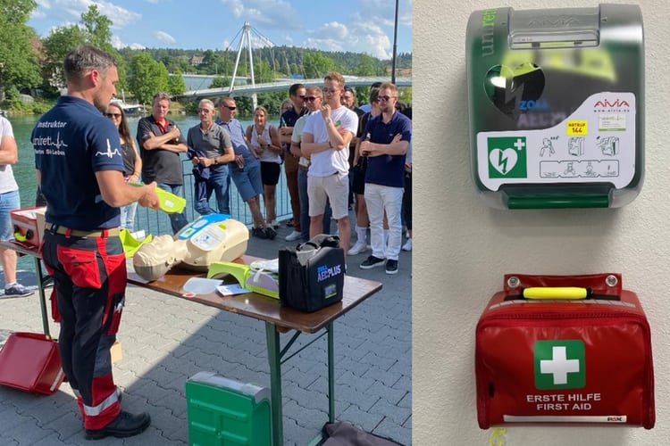 Ein Spezialist gibt einen Nothelferkurs an die Mitarbeiter der Generalagentur Solothurn.