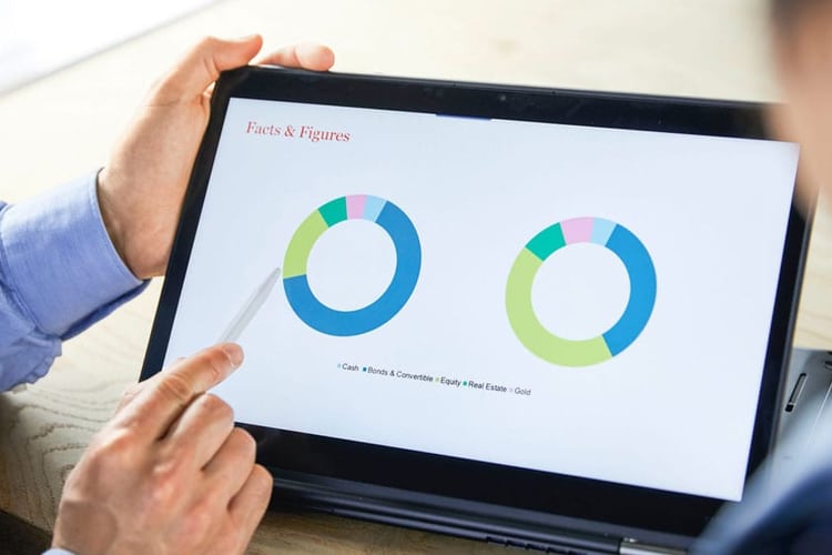 Zwei Männer schauen sich eine Grafik auf einem Tablet an.