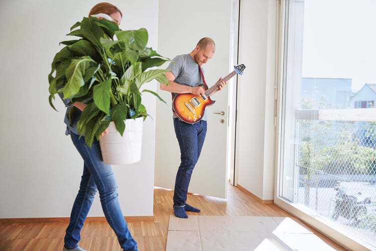 Un uomo è in piedi nell’ingresso di un appartamento e suona una chitarra; una donna cammina con una pianta in mano. Un’immagine simbolica di convivenza, matrimonio e concubinato.