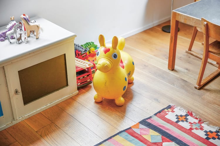 Cameretta con diversi giocattoli, tra cui un cavallo giallo per saltare, immagine che rappresenta il tema degli alimenti in Svizzera.