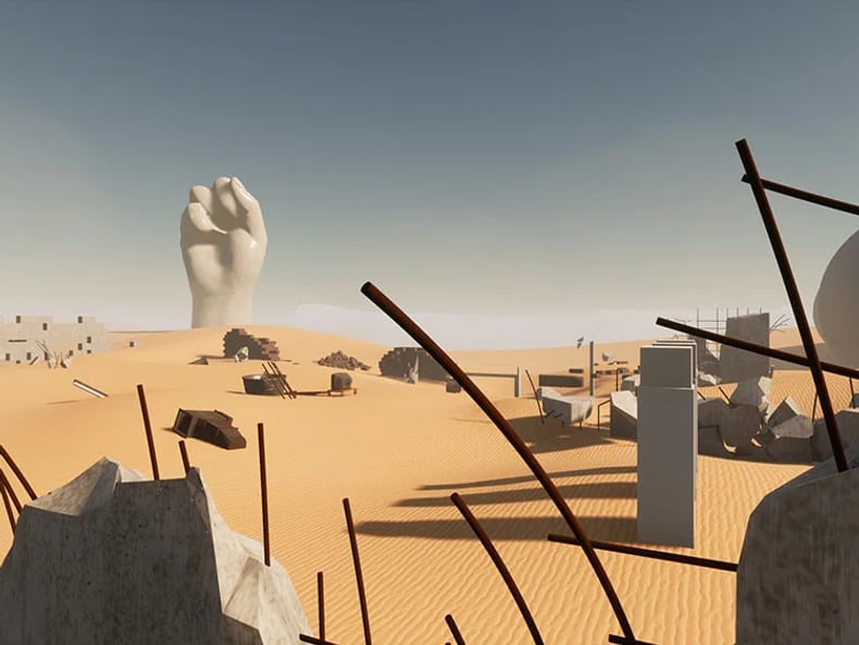 un deserto con oggetti nell’esposizione Arte e sostenibilità presso la Mobiliare 