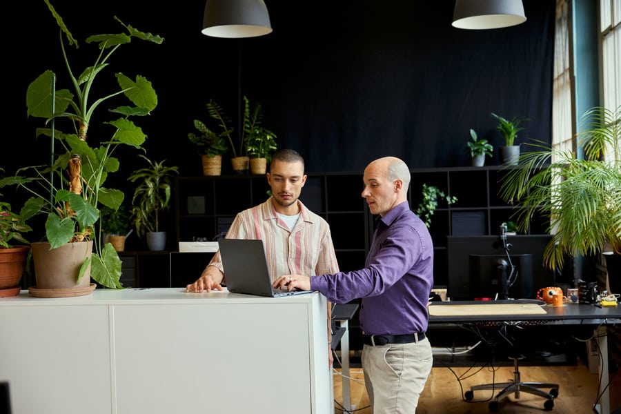 Deux hommes se tiennent à un comptoir dans un bureau rempli de plantes vertes et discutent de quelque chose qu’ils voient sur leur ordinateur portable. 