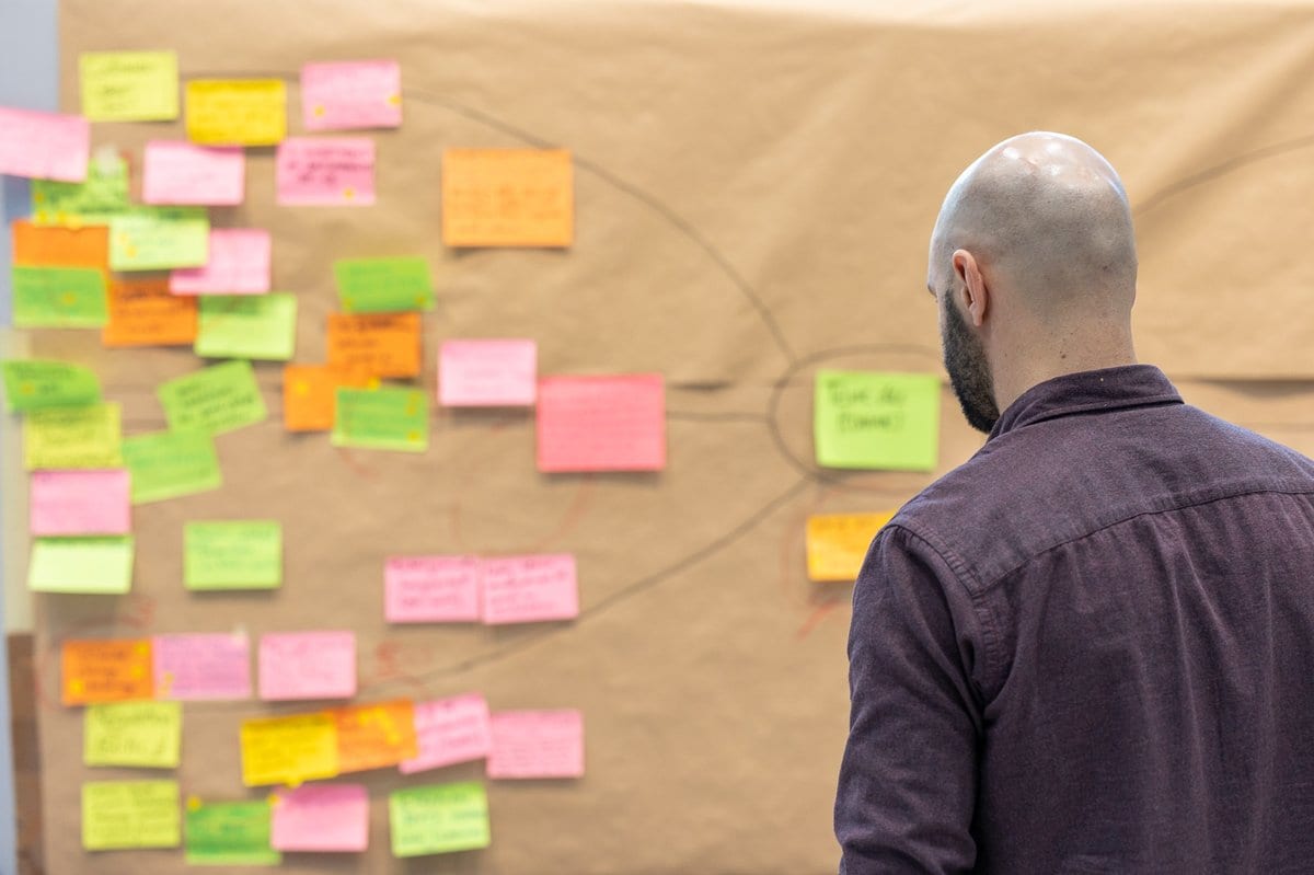 Ein Mann steht mit dem Rücken zur Kamera und betrachtet eine grosse Wand voller bunter Haftnotizen, die auf braunem Papier arrangiert sind – Szene aus einem Workshop oder Ideensammlungsprozess.