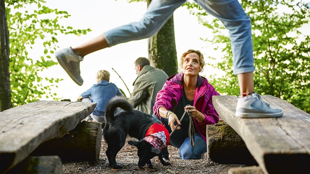 Une famille jouant avec un chien dans les bois