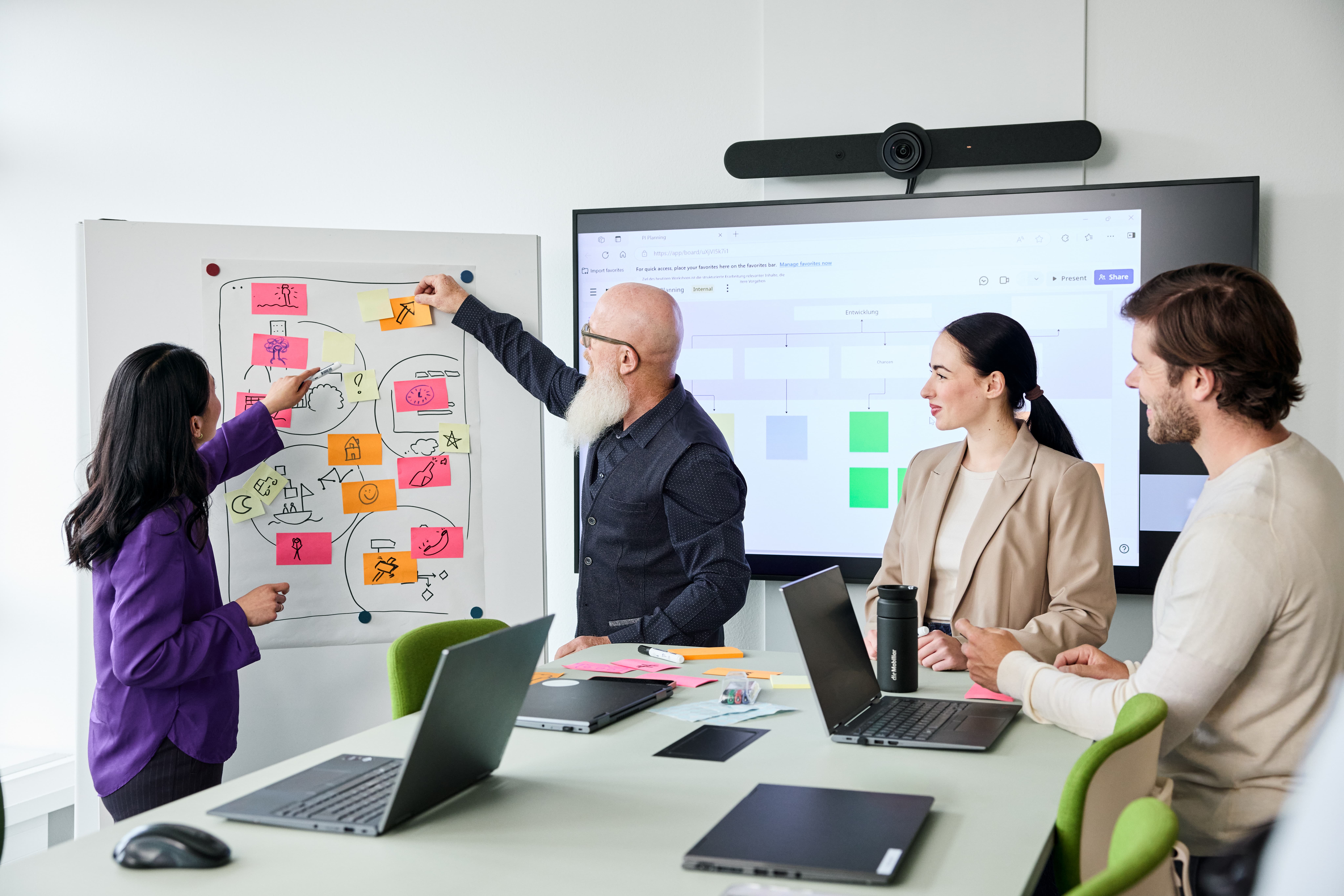 Mitarbeitende beim Brainstorming mit Skizzen und Post-its