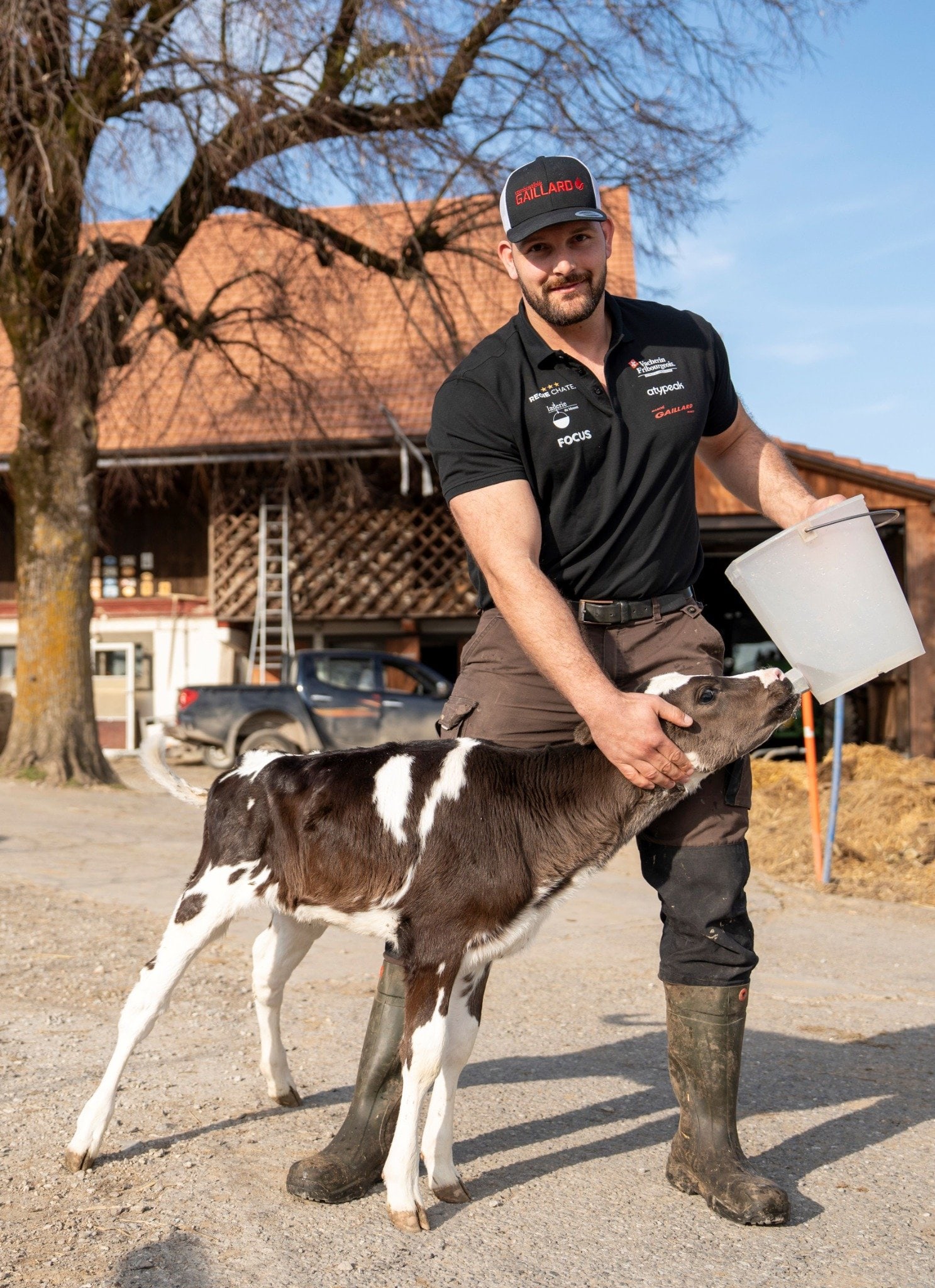Le lutteur Benjamin Gapany donne le biberon à un jeune veau devant la ferme familiale, illustrant son quotidien à la campagne.