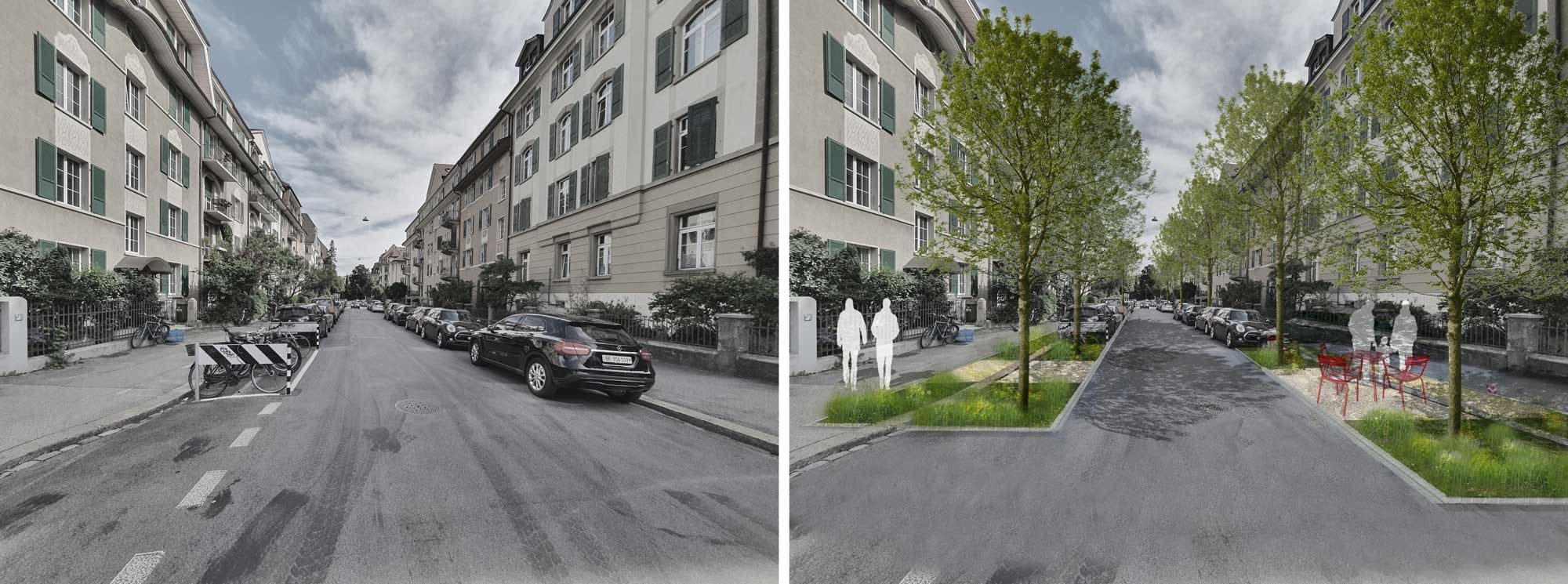 La Optingenstrasse aujourd’hui (à g.) et dès le printemps 2026: visualisation des éléments prévus de la ville éponge (à g.).
