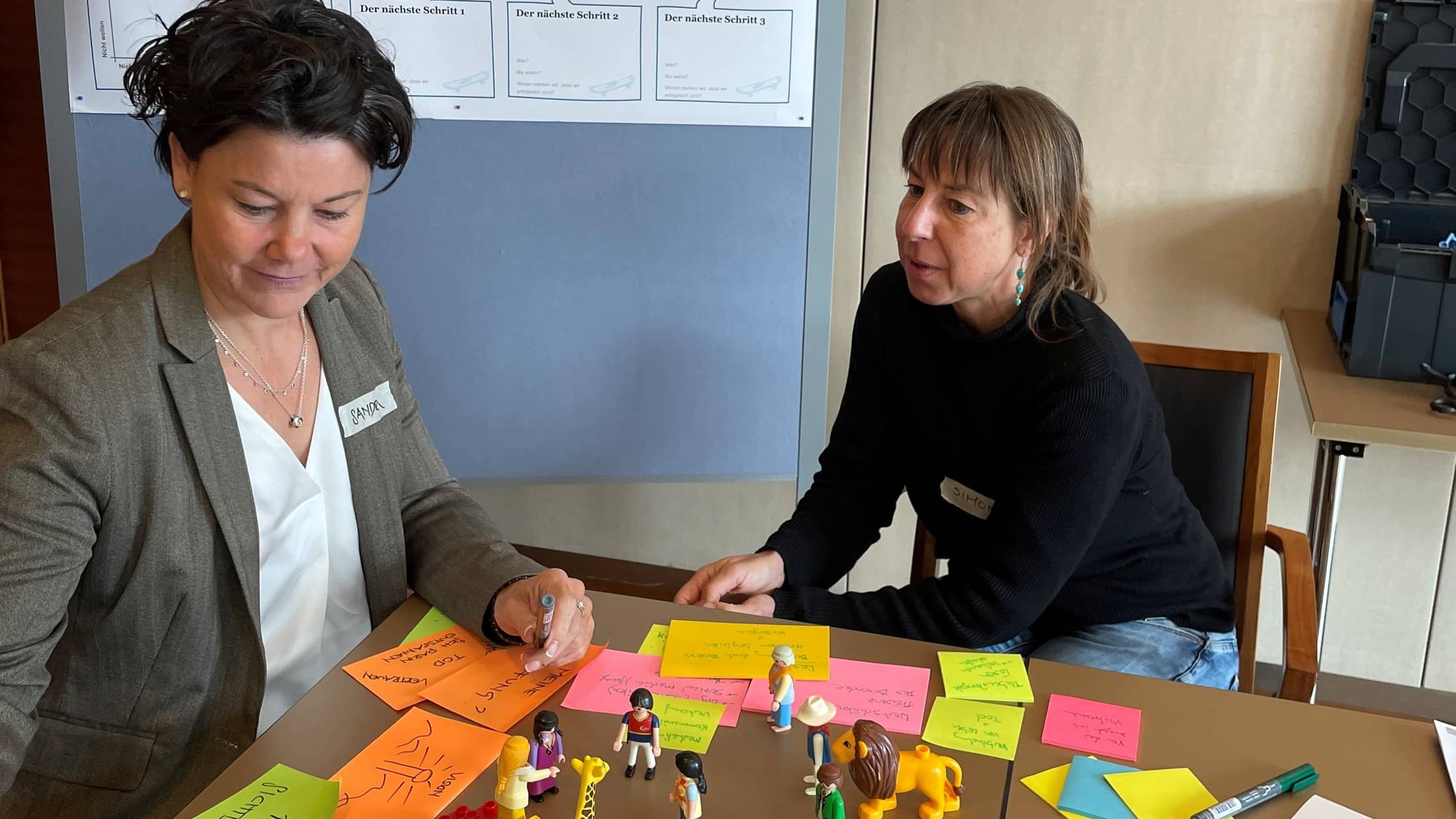 Zwei Teilnehmerinnen arbeiten gemeinsam an einem Design-Thinking-Workshop und entwickeln mit Post-its und Figuren neue Lösungsansätze.