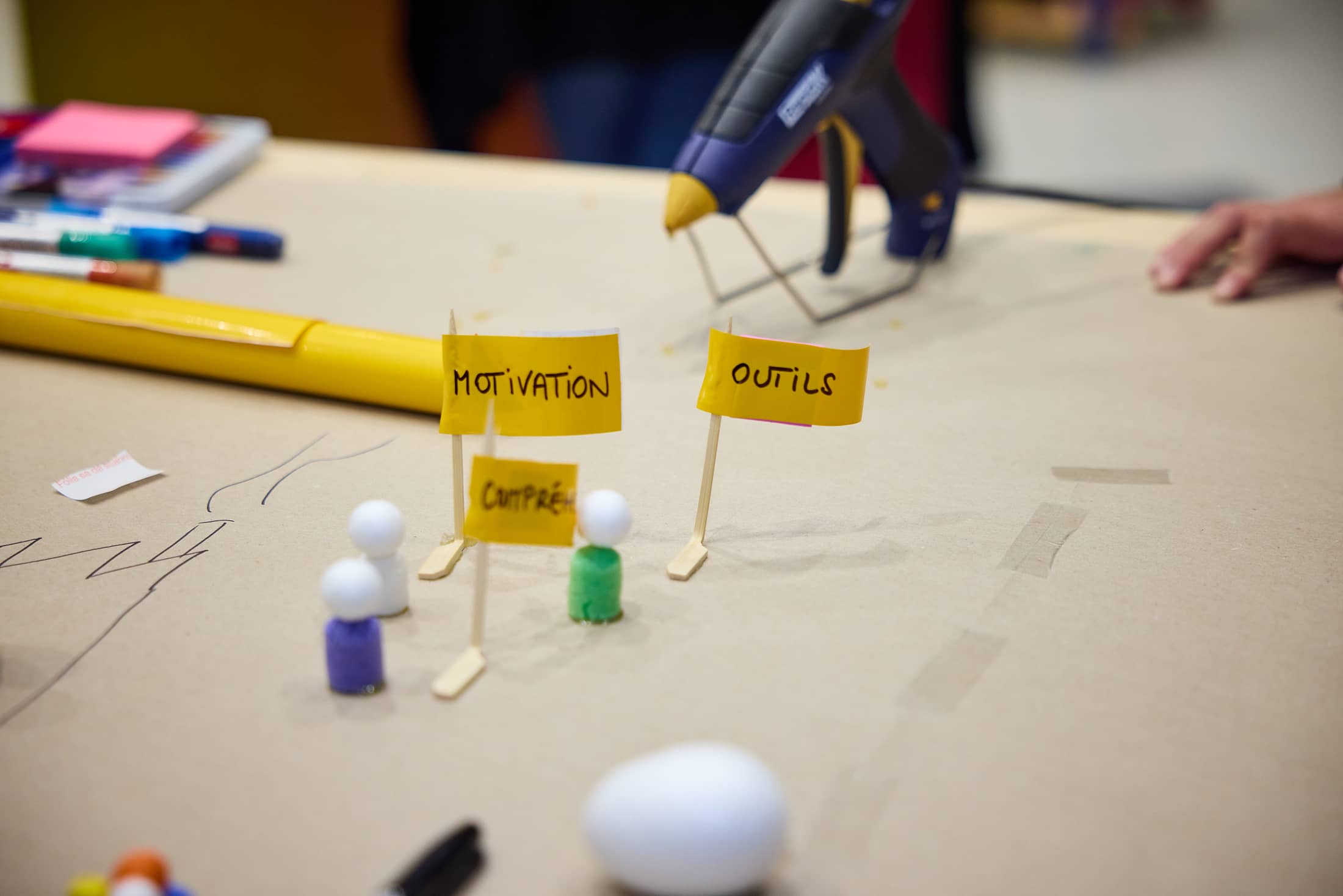 Un risultato del Design Thinking Workshop Forum Mobiliare mostra su carta da imballaggio delle piccole figure con delle bandiere.