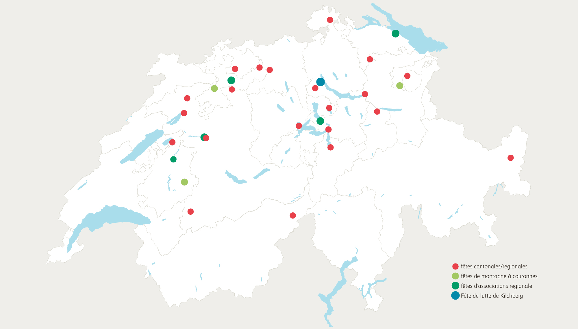 Une carte de la Suisse montrant les fêtes de lutte soutenues par la Mobilière